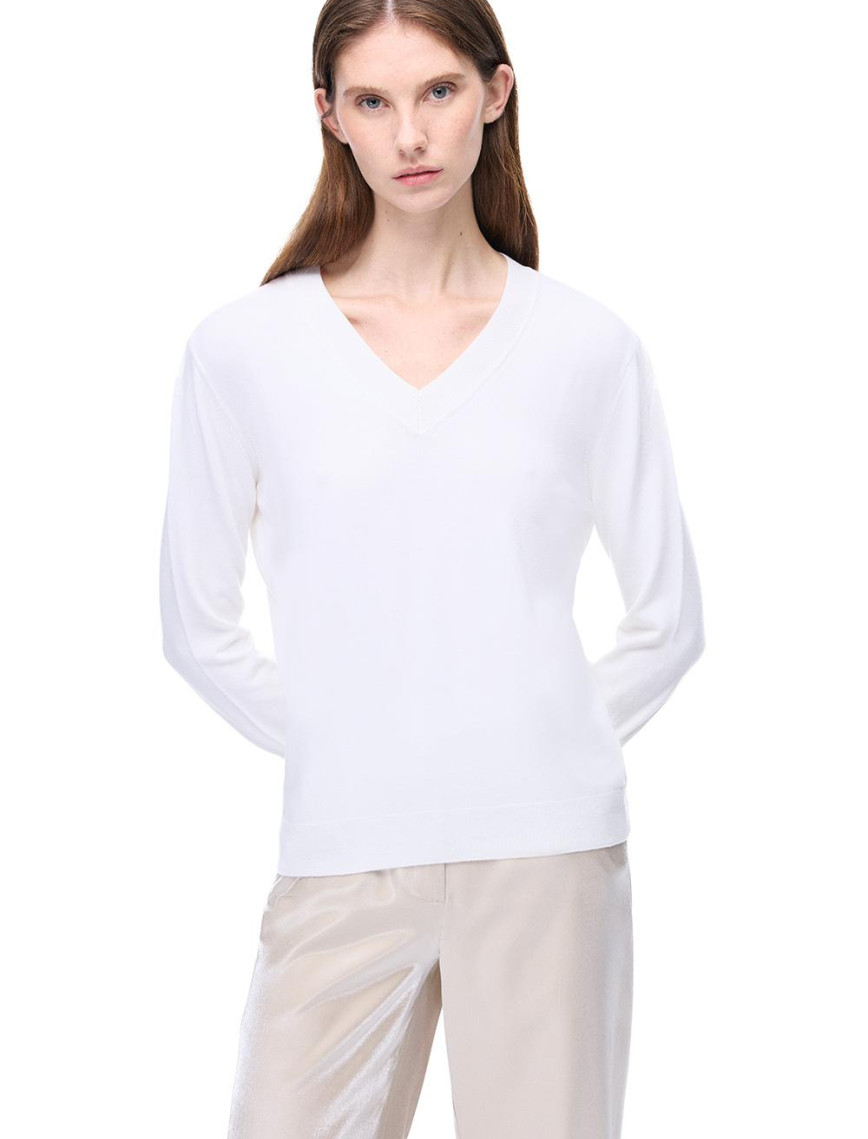 Triko Rahat Kalıp Standart Boy Takma Kol V-Yaka Ekru Kazak