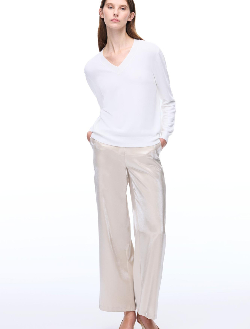 Triko Rahat Kalıp Standart Boy Takma Kol V-Yaka Ekru Kazak