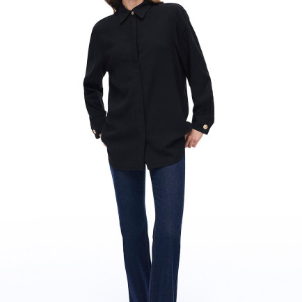 Seras Regular Fit Standart Boy Düşük Kollu Gömlek Yaka Siyah Gömlek