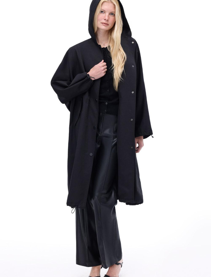 Capellas Rahat Kalıp Midi Boy Düşük Kollu Kapüşonlu Siyah Trençkot Capellas Rahat Kalıp Midi Boy Düşük Kollu Kapüşonlu Siyah Trençkot