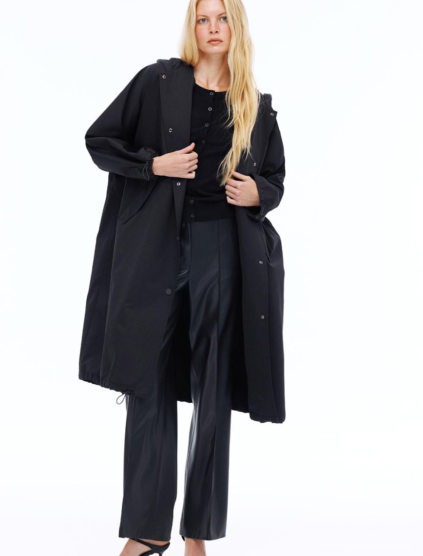 Capellas Rahat Kalıp Midi Boy Düşük Kollu Kapüşonlu Siyah Trençkot Capellas Rahat Kalıp Midi Boy Düşük Kollu Kapüşonlu Siyah Trençkot