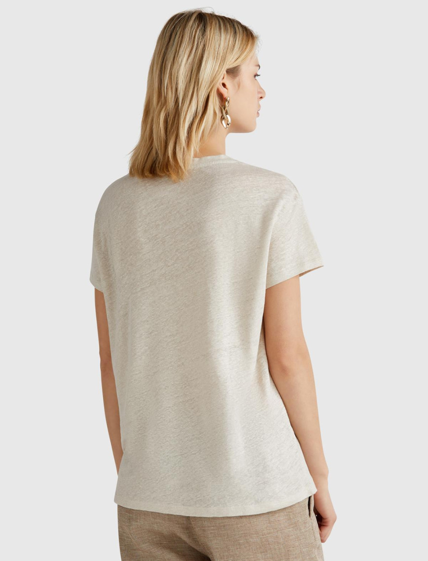 Kadın Taş Rengi %100 Keten Düşük Omuzlu Relax Fit V Yaka T-Shirt