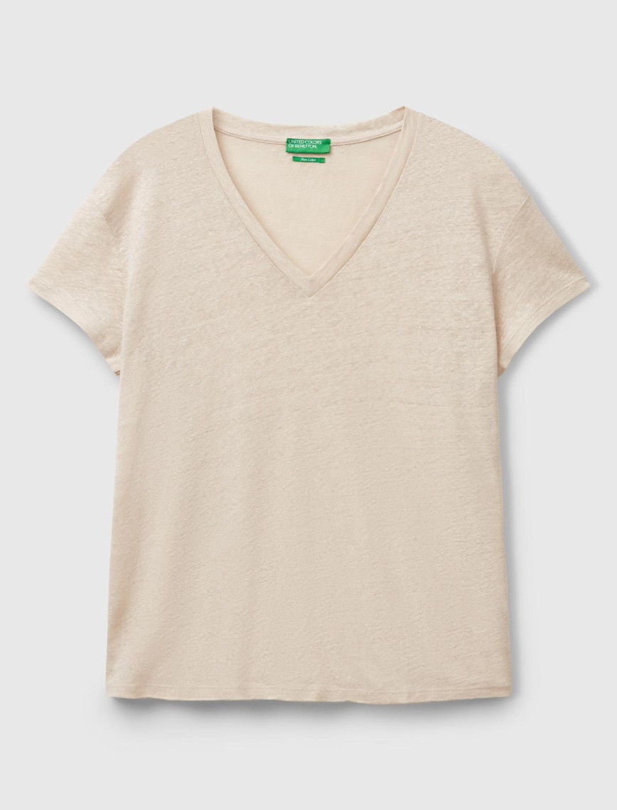 Kadın Taş Rengi %100 Keten Düşük Omuzlu Relax Fit V Yaka T-Shirt