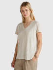 Kadın Taş Rengi %100 Keten Düşük Omuzlu Relax Fit V Yaka T-Shirt