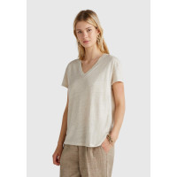 Kadın Taş Rengi %100 Keten Düşük Omuzlu Relax Fit V Yaka T-Shirt