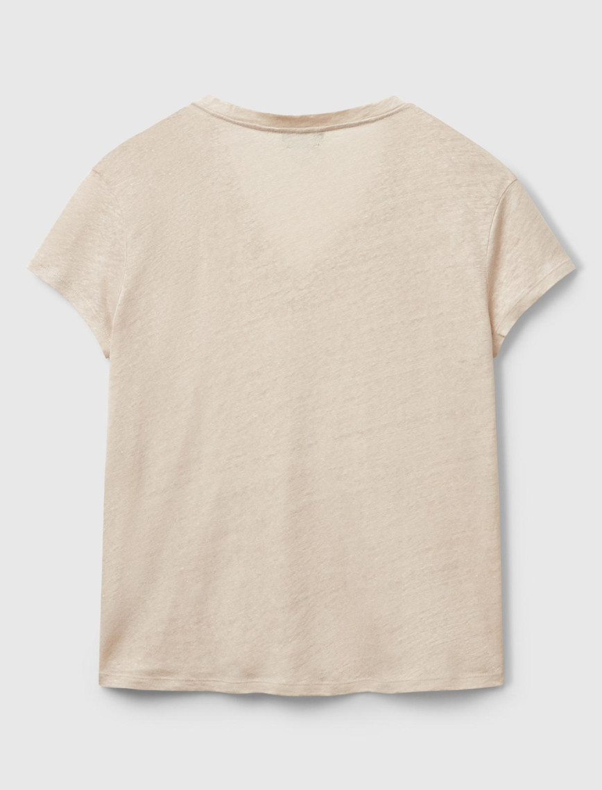 Kadın Taş Rengi %100 Keten Düşük Omuzlu Relax Fit V Yaka T-Shirt