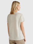 Kadın Taş Rengi %100 Keten Düşük Omuzlu Relax Fit V Yaka T-Shirt