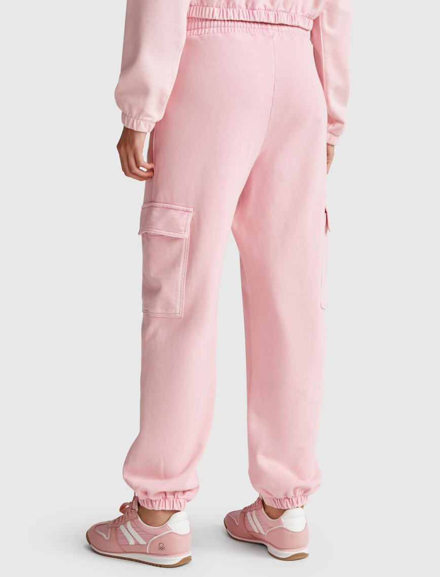 Kadın Pembe %100 Pamuk Beli İpli Relax Fit Kargo Eşofman Altı