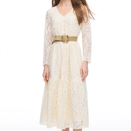 Krem İolite Regular Fit Çiçekli Midi Boy Elbise