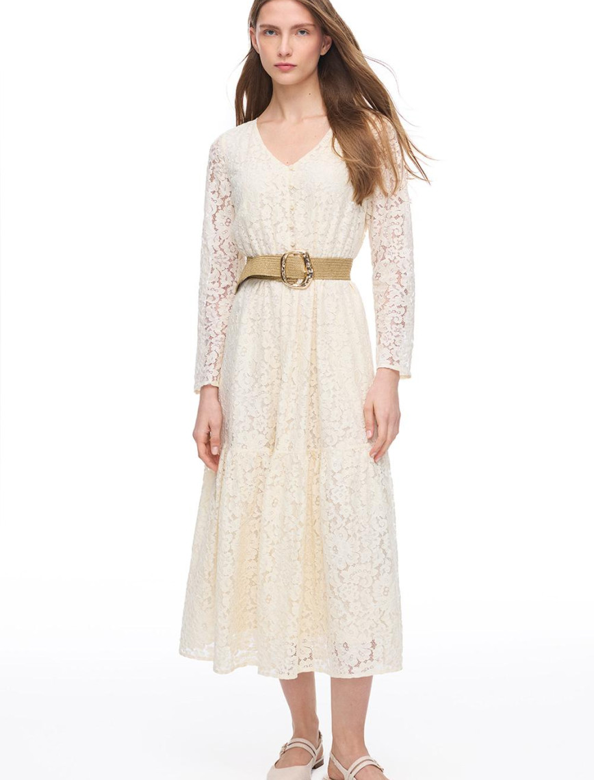 Krem İolite Regular Fit Çiçekli Midi Boy Elbise Krem İolite Regular Fit Çiçekli Midi Boy Elbise