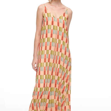 V-Yaka Askılı Geometrik Desenli Uzun Elbise