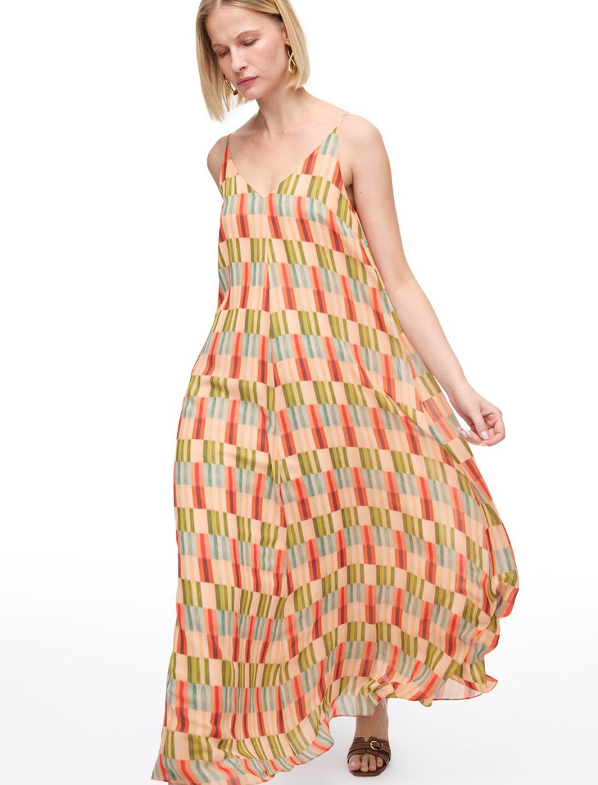 V-Yaka Askılı Geometrik Desenli Uzun Elbise V-Yaka Askılı Geometrik Desenli Uzun Elbise