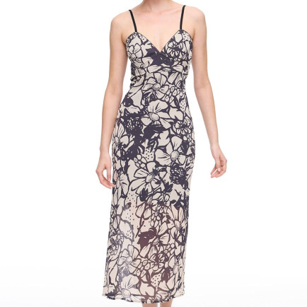 Bej Siyah Caias Regular Fit Çiçekli Maxi Boy Elbise