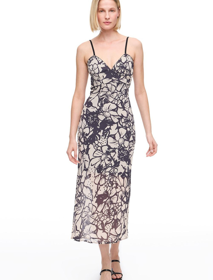 Bej Siyah Caias Regular Fit Çiçekli Maxi Boy Elbise