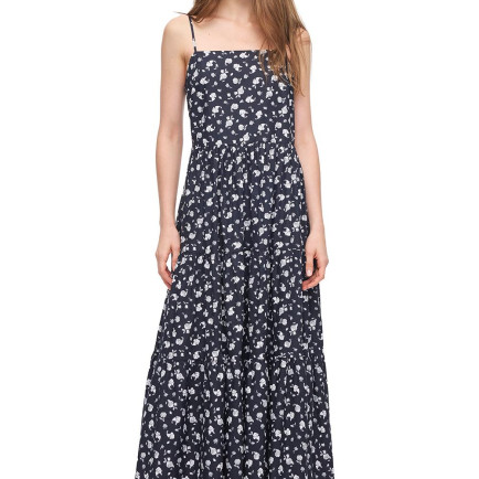 Siyah Beyaz Tonias Rahat Kalıp Çiçekli Uzun Boy Elbise