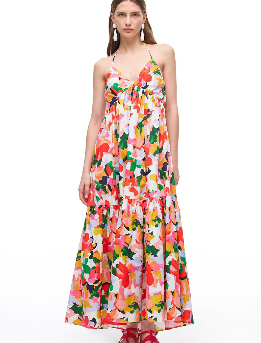 Çiçek Desenli V-Yaka Pamuklu Elbise