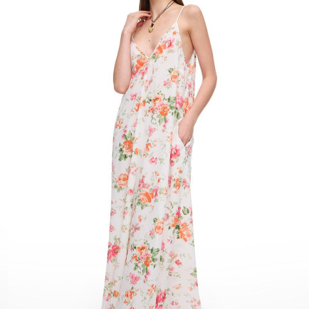 Ekru Clios Rahat Kalıp Çiçekli Uzun Boy Elbise