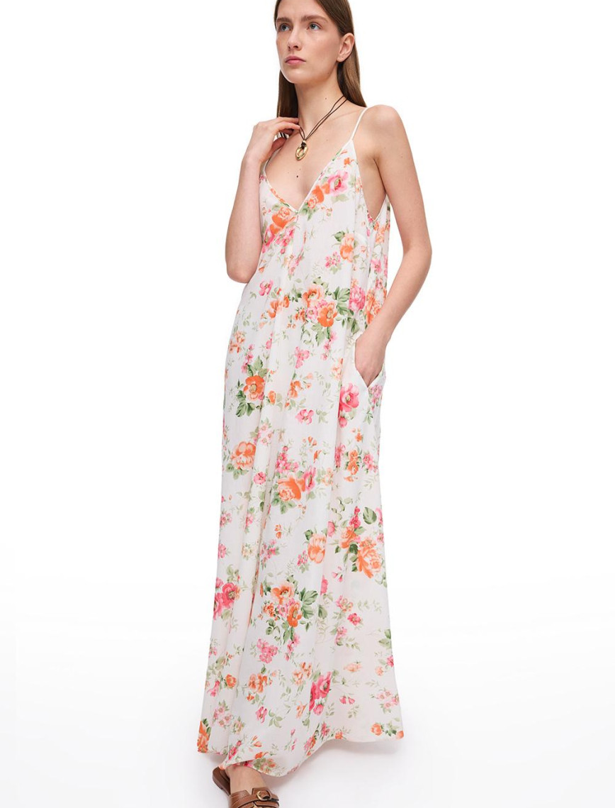 Ekru Clios Rahat Kalıp Çiçekli Uzun Boy Elbise