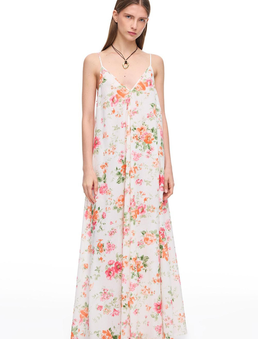 Ekru Clios Rahat Kalıp Çiçekli Uzun Boy Elbise