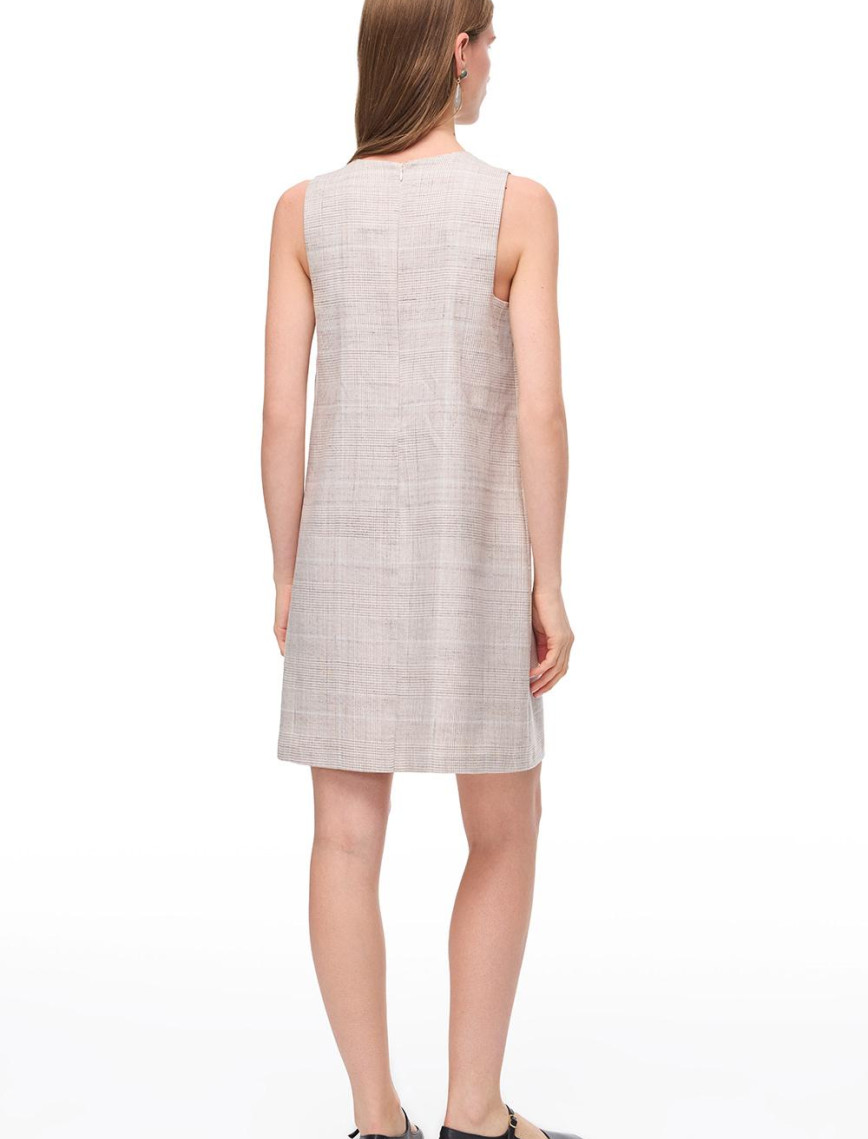 Bej Diones Regular Fit Ekoseli Kısa Boy Elbise