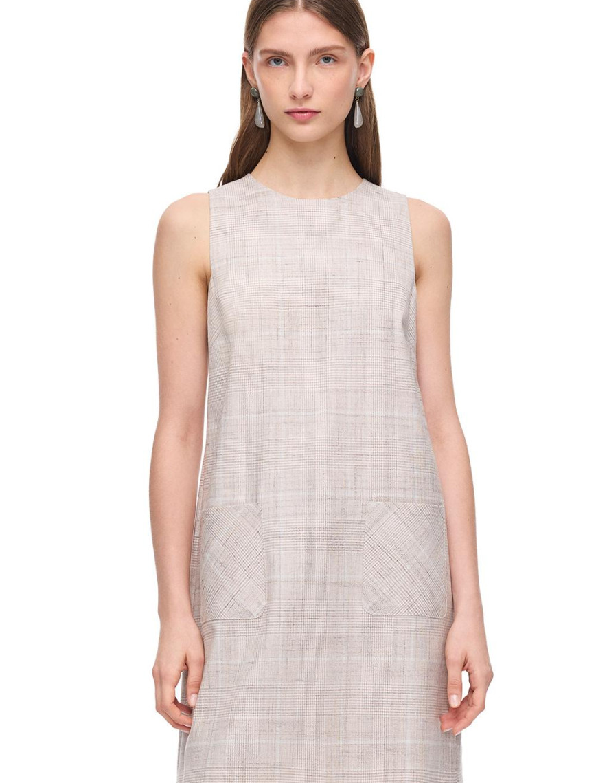 Bej Diones Regular Fit Ekoseli Kısa Boy Elbise