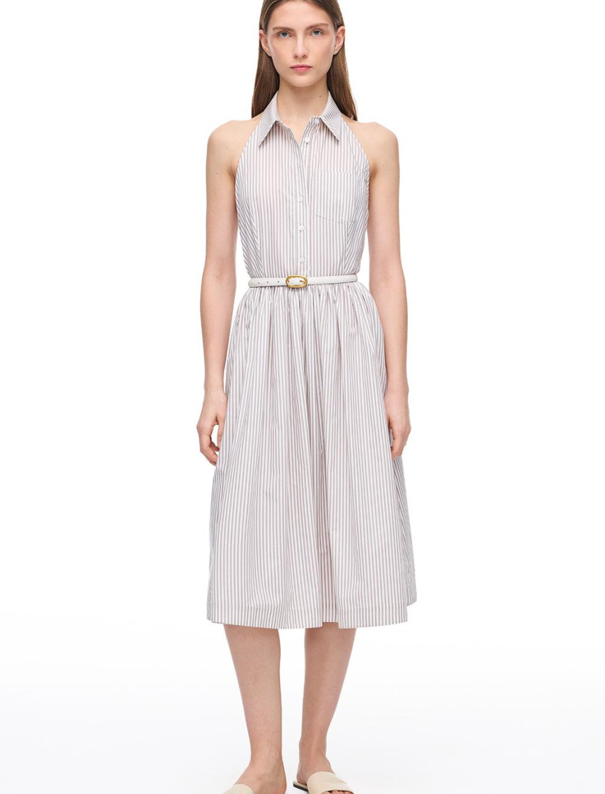 Vizon Beyaz Sitas Regular Fit Çizgili Diz Altı Elbise Vizon Beyaz Sitas Regular Fit Çizgili Diz Altı Elbise