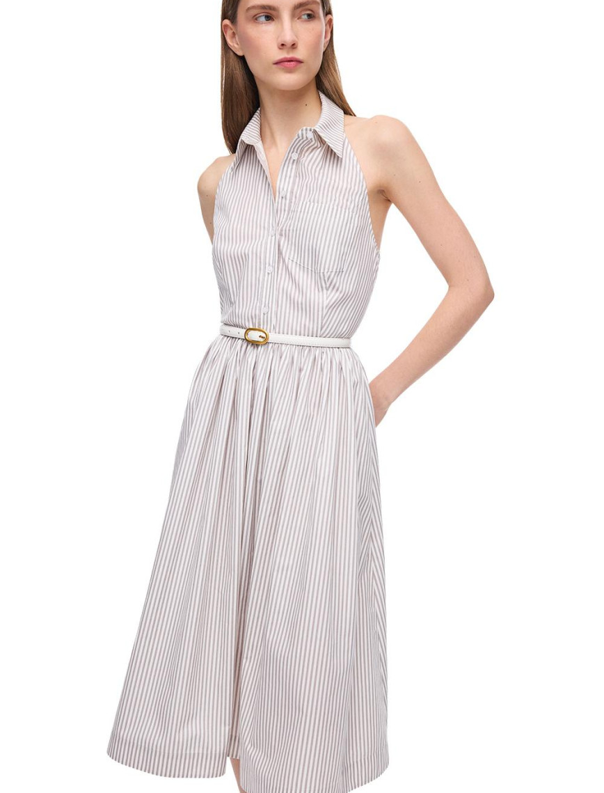 Vizon Beyaz Sitas Regular Fit Çizgili Diz Altı Elbise Vizon Beyaz Sitas Regular Fit Çizgili Diz Altı Elbise