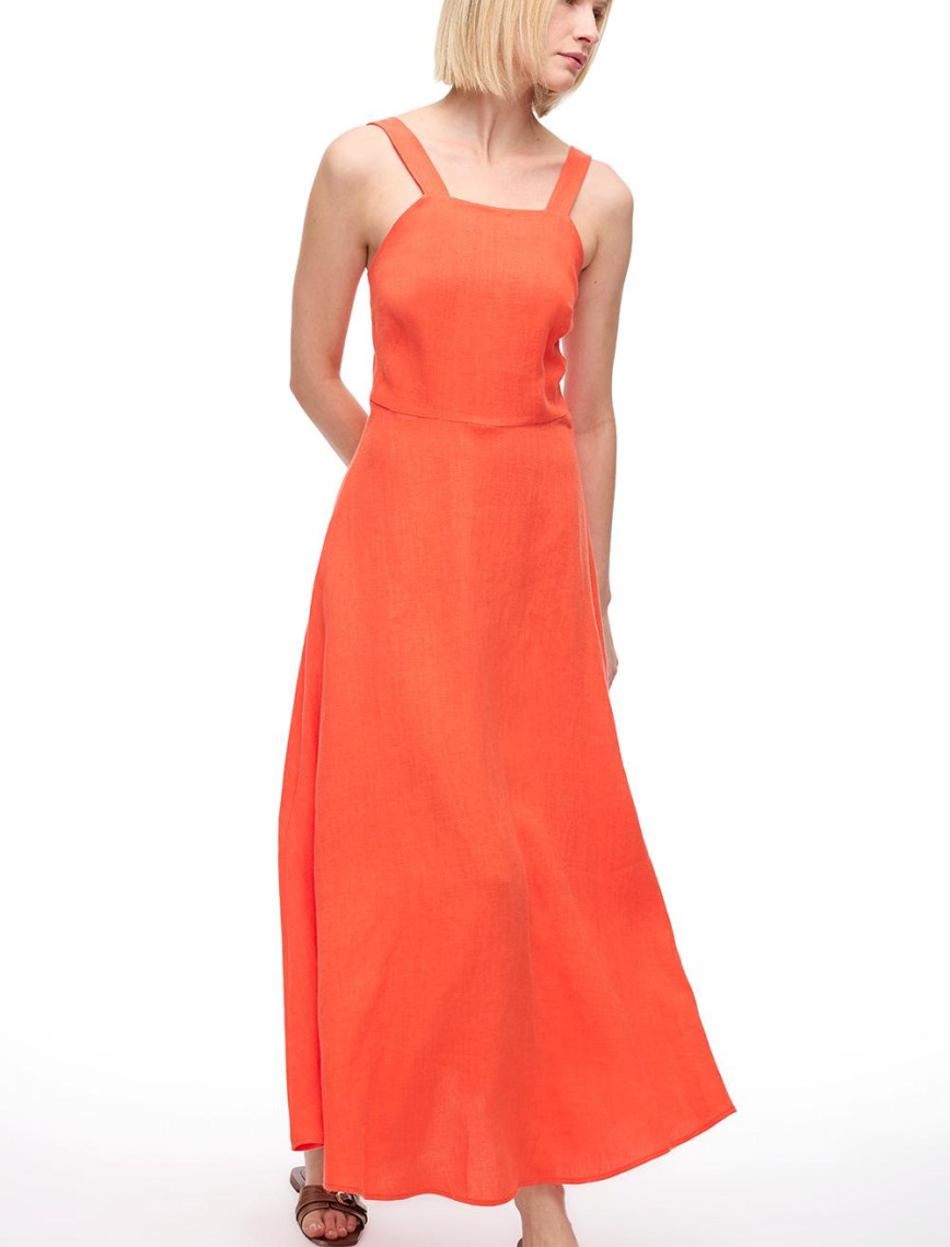 Keten Kare Yaka Uzun Elbise Keten Kare Yaka Uzun Elbise