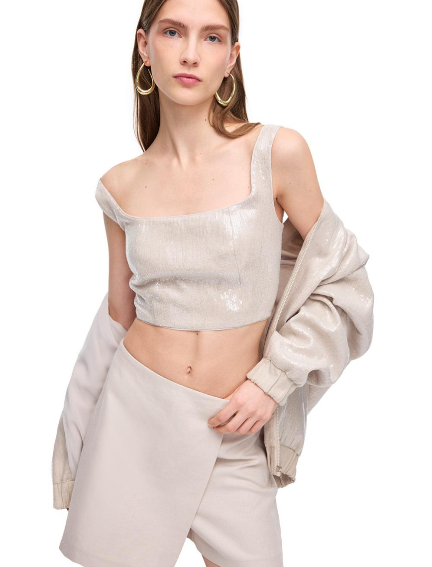 Fermuarlı Askılı Keten Crop Bluz