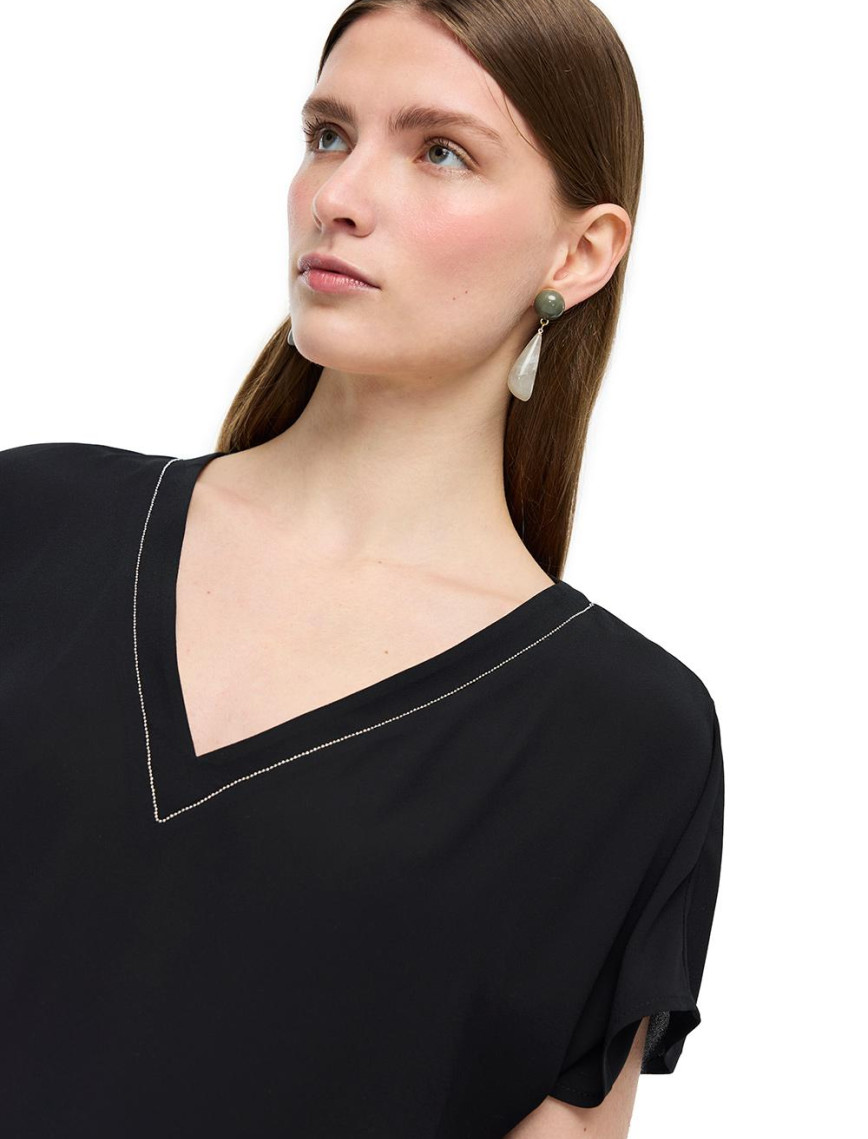 Siyah Ametist Rahat Kalıp V-Yaka Bluz