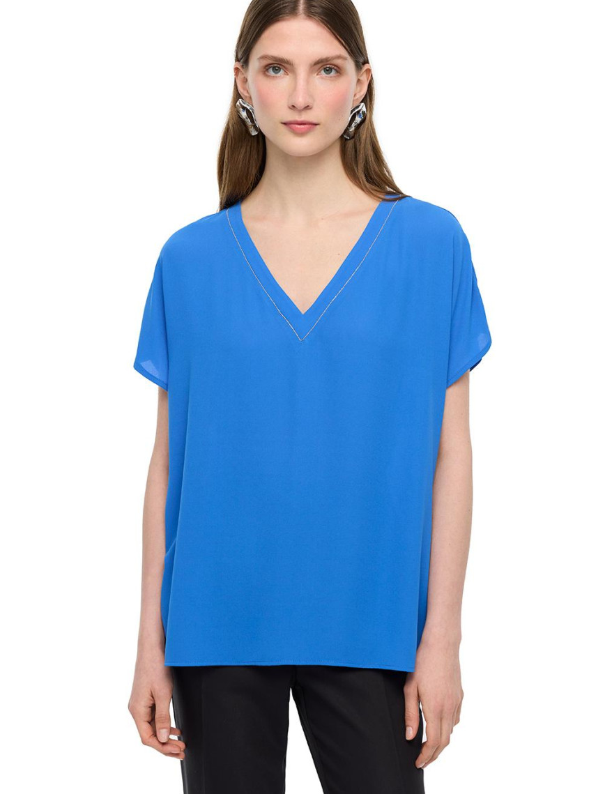 Saks Ametist Rahat Kalıp V-Yaka Bluz