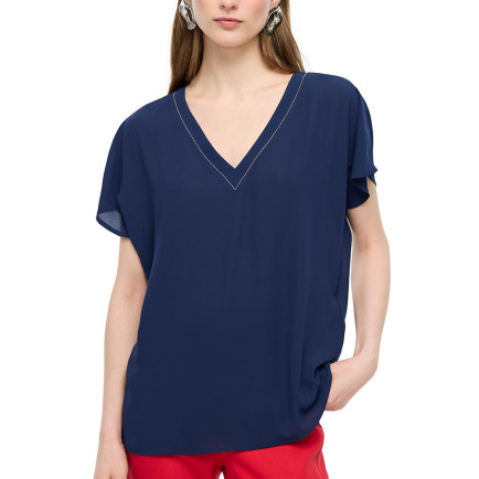 Lacivert Ametist Rahat Kalıp V-Yaka Bluz