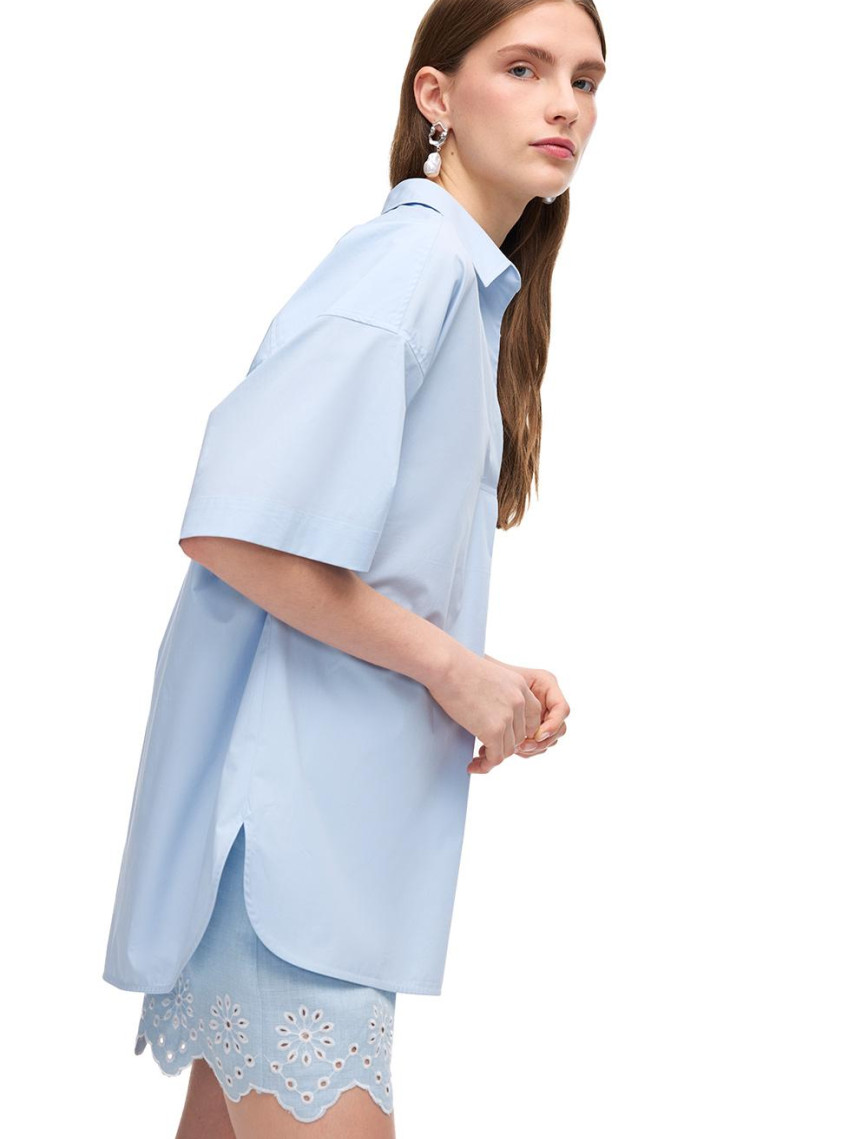 Mavi Reps Rahat Kalıp V-Yaka Bluz Mavi Reps Rahat Kalıp V-Yaka Bluz