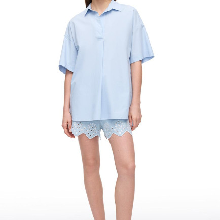 Mavi Reps Rahat Kalıp V-Yaka Bluz Mavi Reps Rahat Kalıp V-Yaka Bluz