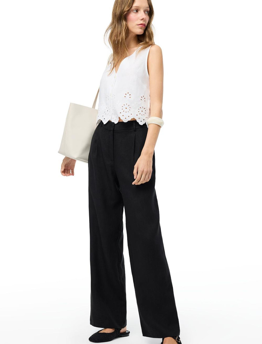 Keten Yüksek Bel Geniş Paça Pantolon Keten Yüksek Bel Geniş Paça Pantolon