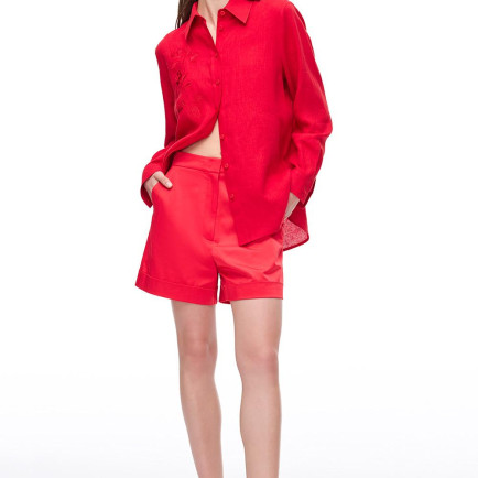 Kırmızı Flans Regular Fit Yüksek Bel Kısa Boy Şort