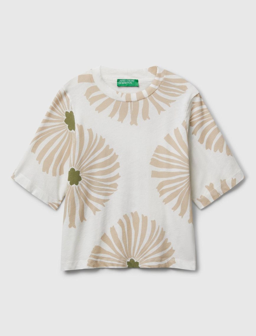 Kadın Krem Keten Karışımlı Boxy Fit Çiçek Desenli T-Shirt