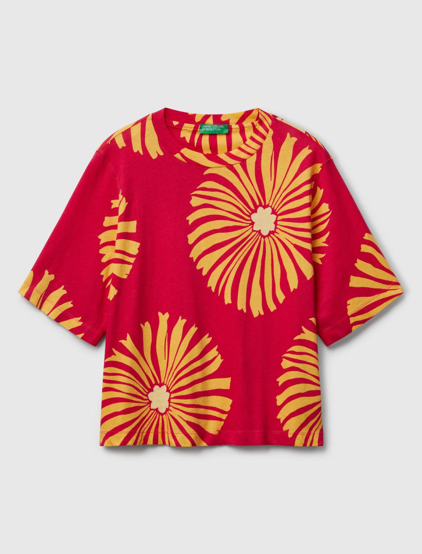 Kadın Fuşya Keten Karışımlı Boxy Fit Çiçek Desenli T-Shirt