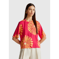 Kadın Fuşya Keten Karışımlı Boxy Fit Çiçek Desenli T-Shirt