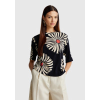 Kadın Lacivert Keten Karışımlı Boxy Fit Çiçek Desenli T-Shirt