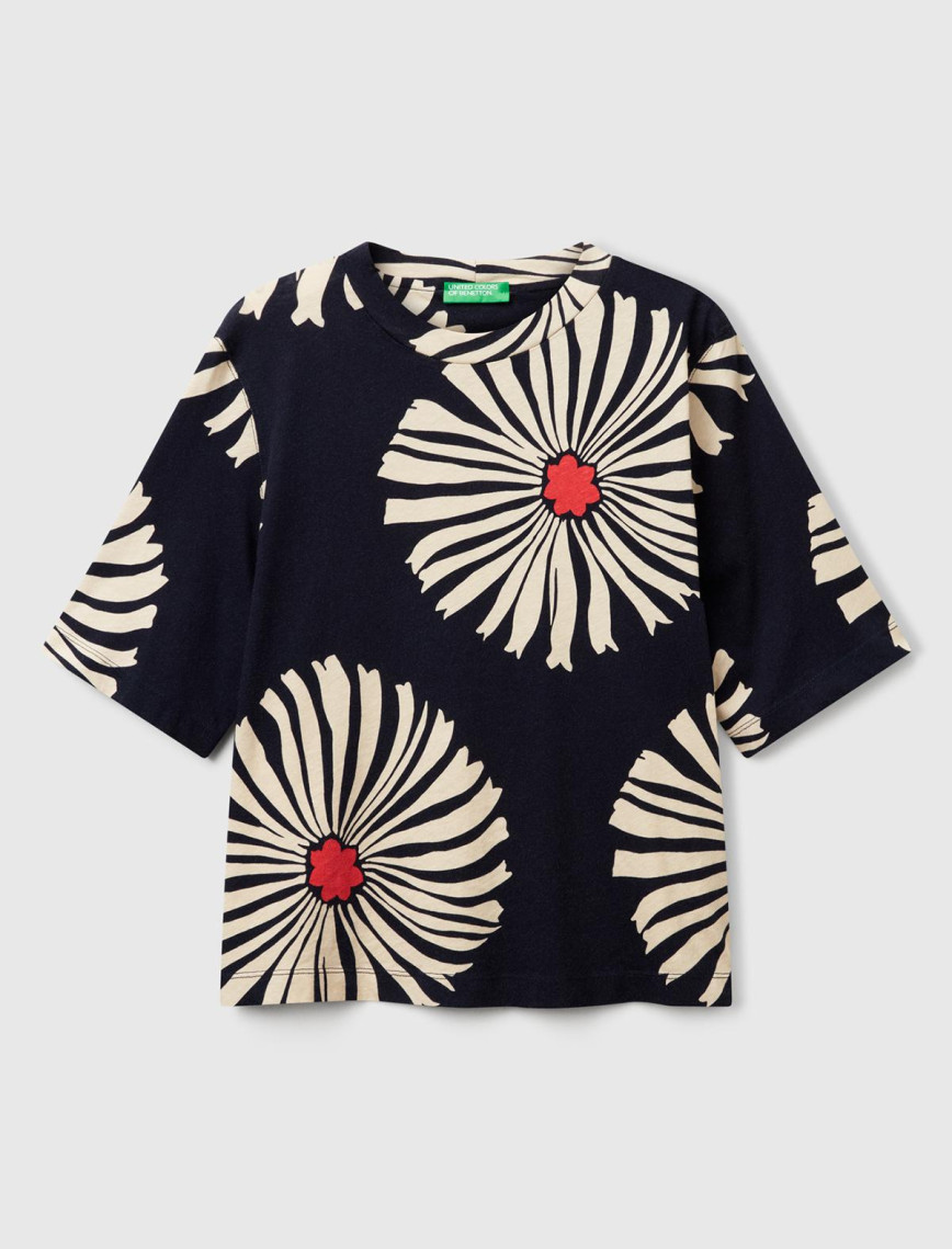 Kadın Lacivert Keten Karışımlı Boxy Fit Çiçek Desenli T-Shirt