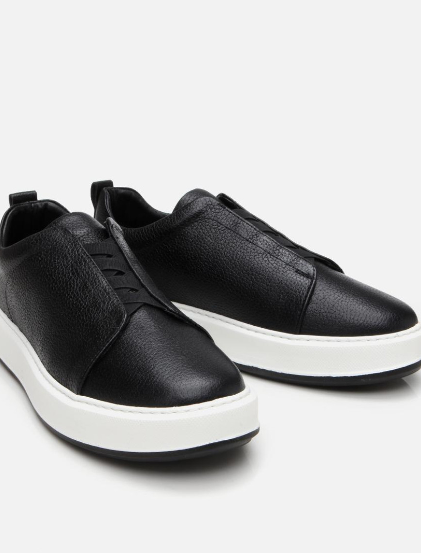 Erkek Deri Siyah Lastik Detaylı Spor Ayakkabı Erkek Deri Siyah Lastik Detaylı Spor Ayakkabı