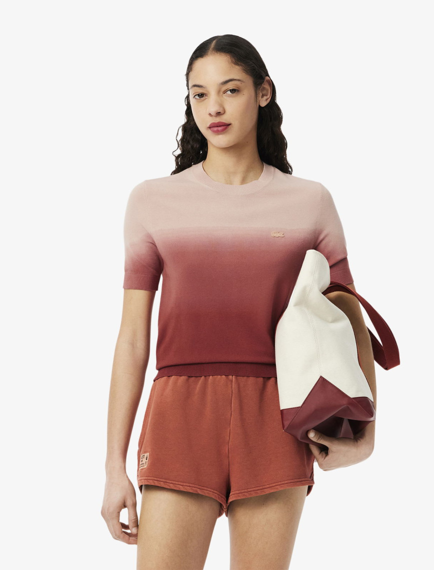 Lacoste Kadın Classic Fit Kısa Kollu Bisiklet Yaka Renk Bloklu Pembe Triko Lacoste Kadın Classic Fit Kısa Kollu Bisiklet Yaka Renk Bloklu Pembe Triko