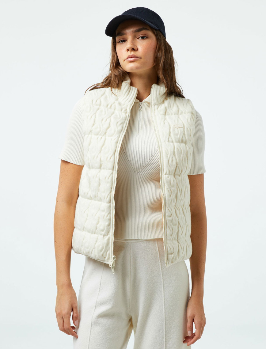 Lacoste Kadın Kapitone Regular Fit Dik Yaka Çift Taraflı Beyaz Yelek