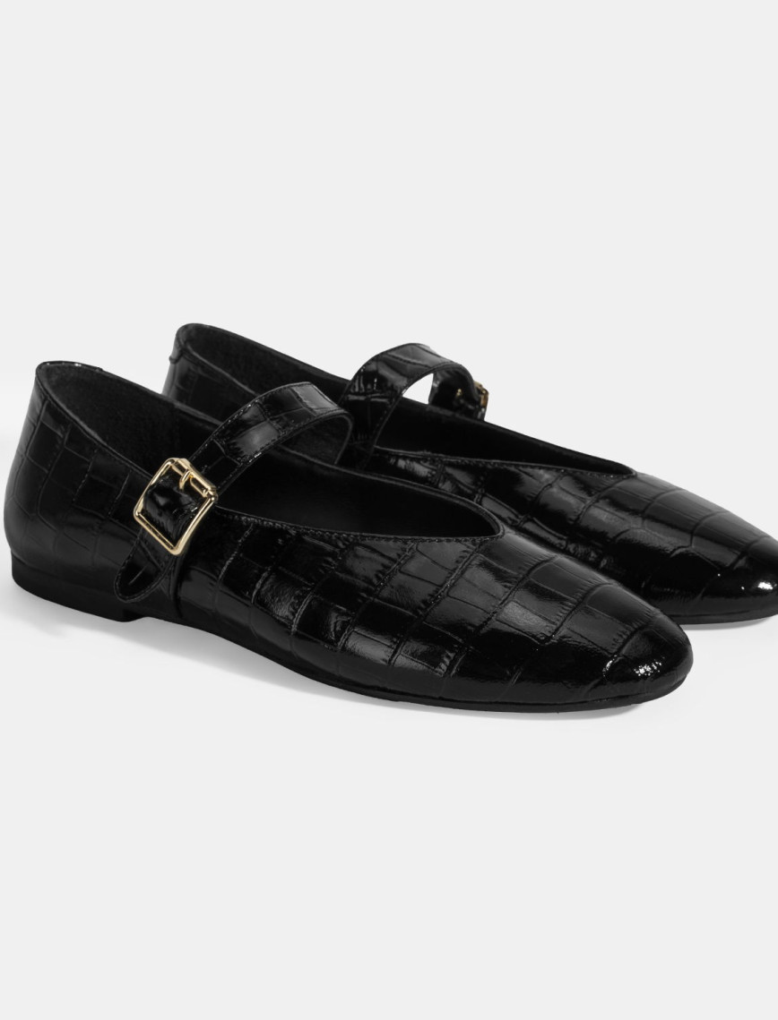 Kadın Siyah Kroko Baskılı Mary Jane Deri Babet Kadın Siyah Kroko Baskılı Mary Jane Deri Babet