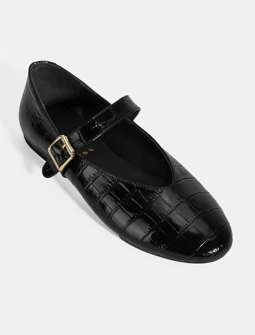 Kadın Siyah Kroko Baskılı Mary Jane Deri Babet Kadın Siyah Kroko Baskılı Mary Jane Deri Babet