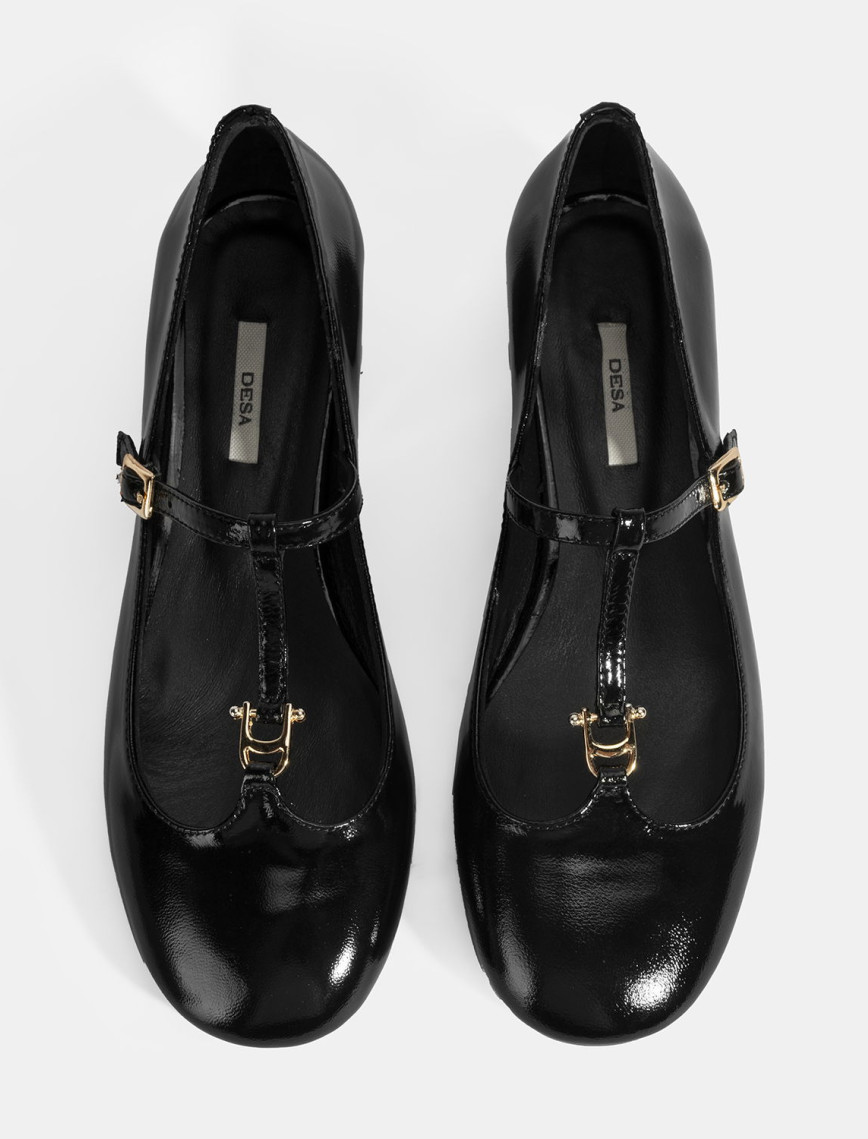 Kadın Siyah Toka Aksesuarlı T-Bant Rugan Topuklu Babet Kadın Siyah Toka Aksesuarlı T-Bant Rugan Topuklu Babet