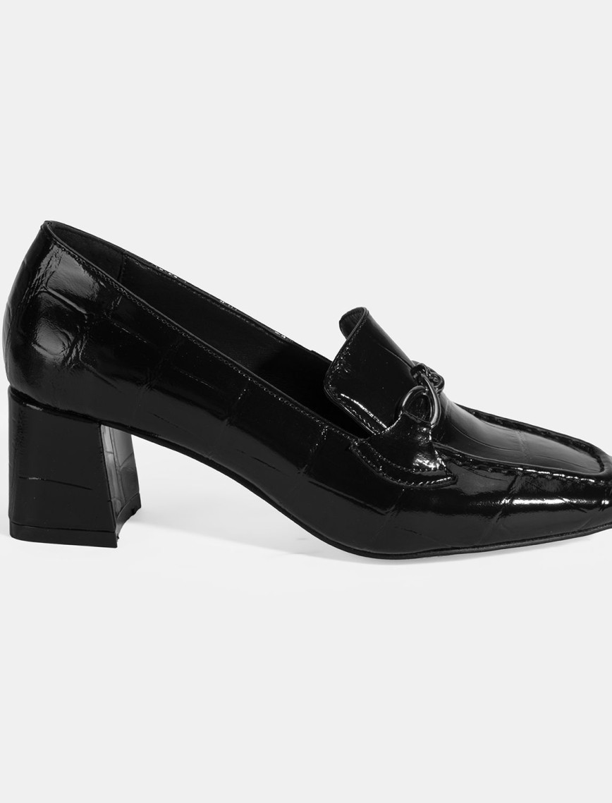 Kadın Siyah Kroko Baskılı Topuklu Rugan Loafer Kadın Siyah Kroko Baskılı Topuklu Rugan Loafer