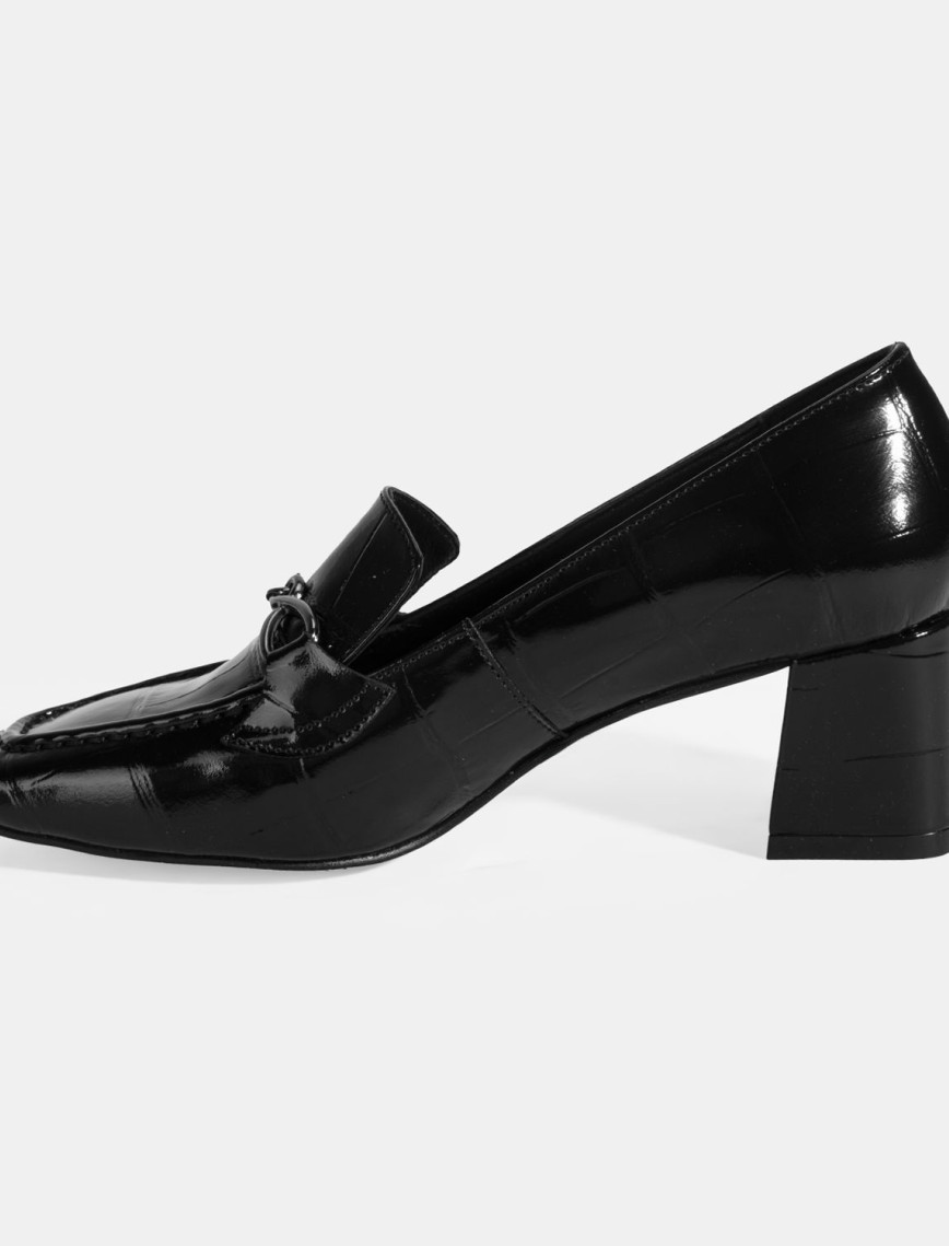Kadın Siyah Kroko Baskılı Topuklu Rugan Loafer Kadın Siyah Kroko Baskılı Topuklu Rugan Loafer