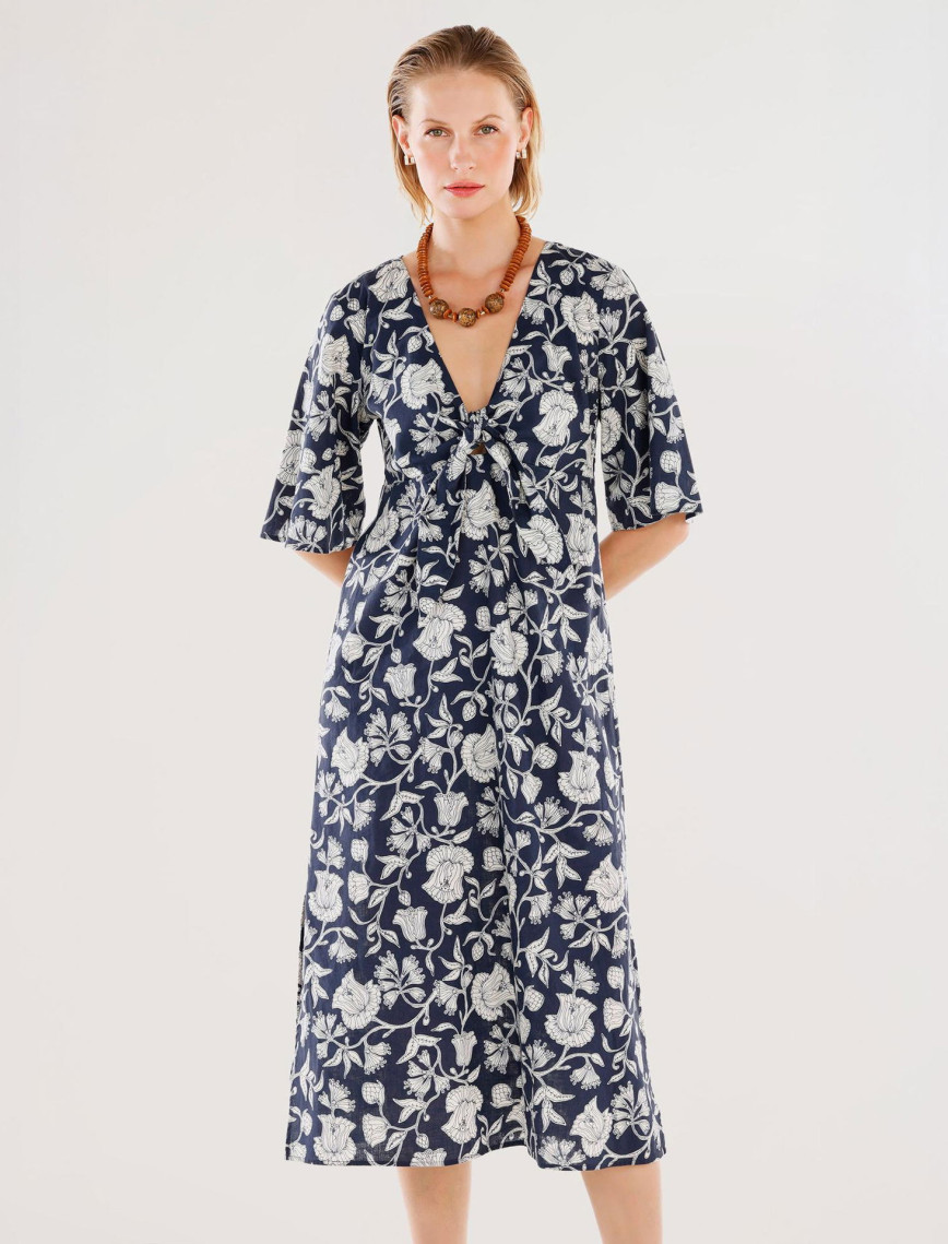 YARGICI Önü Bağlama Detaylı Kısa Kollu Midi Boy Elbise